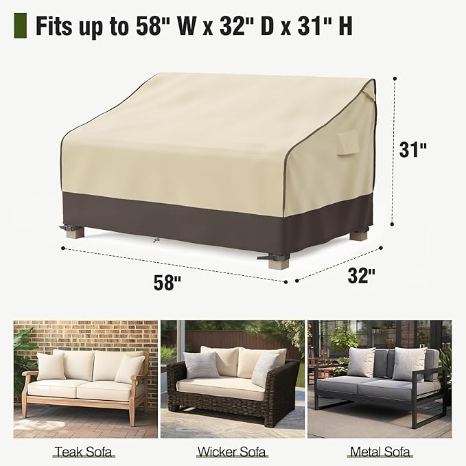 MR.COVER Outdoor Couch Cover Waterproof, Patio Furniture Covers for 2-Seater Couch, Heavy Duty Patio Couch Sofa Covers, Fits up to 58" W x 32" D x 31" H, Moisture-Proof & UV-Protection, Brown & Khaki
