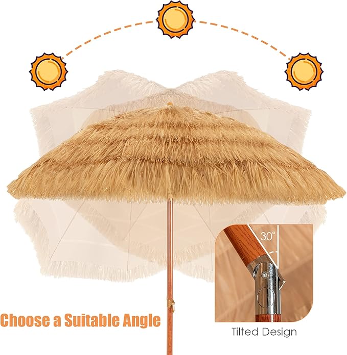 Tangkula 6.5Ft Tiki Patio Umbrella, Hawaiian Style Outdoor PE Grass Umbrella with Tilt Adjustment, 8 Ribs, Portable Thatched Beach Umbrella for Garden, Yard, Poolside