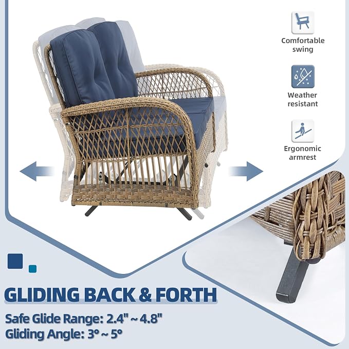 2 Piece Outdoor Wicker Gliding Loveseat Set, Patio Conversation Furniture Sets with 2-Seater Glider Rocking Bench, Glass-Top Coffee Table and Cushions for Porch Garden Poolside, Navy Blue