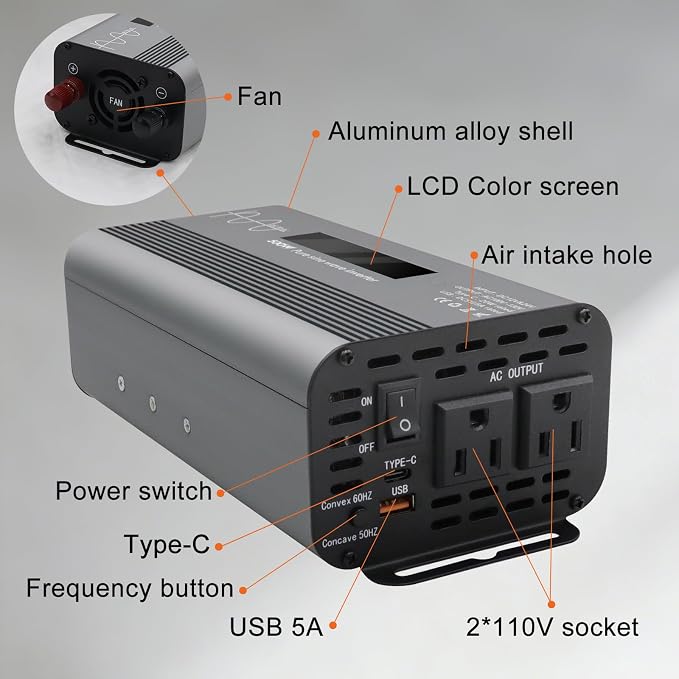 500W Pure Sine Wave Power Inverter with Digital Display,Dual AC Outlets & Fast Charging USB/Type-C,12V/24V to 110V AC Converter with Overload Protection for Car RV Truck Home Camping