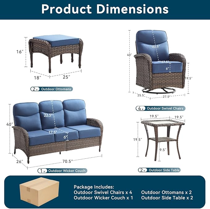 Luxury Outdoor Patio Furniture Set with 6-Inch Thick Cushions, 9 Pieces Wicker Outdoor Furniture with High Back Swivel Patio Chairs Set of 4, Outdoor Patio Conversation Set for Deck Garden, Blue