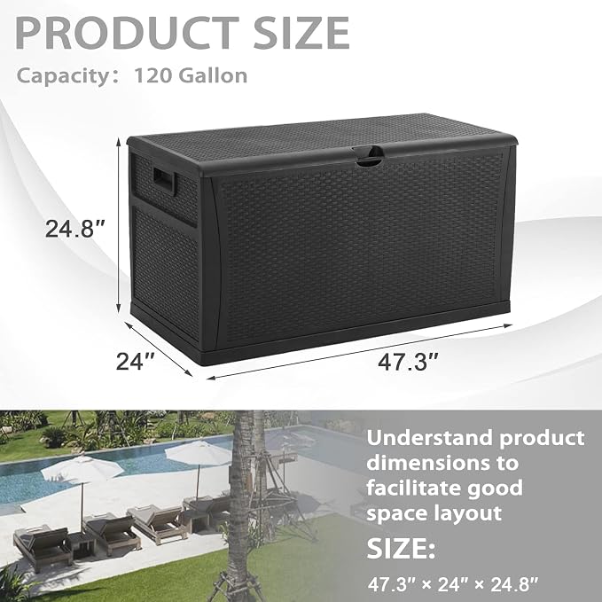 Crownland 120 Gallon Outdoor Patio Storage Deck Box Backyard Resin Container Weatherproof Box Patio Garden Furniture Storage Boxes All Weather Using,Black