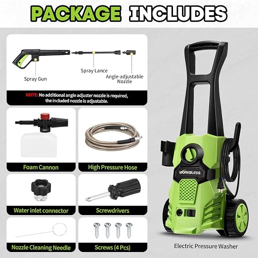 Electric Pressure Washer, w/23ft Hose & 18ft Cord, Angle-Adjustable Nozzle, Foam Cannon, Power Washer for Car, Driveway, Patio, Fence, House Cleaning