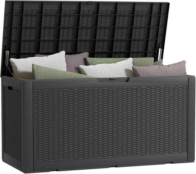 Vixzen 120 Gallon Waterproof Large Deck Box, Lockable Resin Outdoor Storage Box with Hydraulic Lid, Durable Storage Bin for Patio Furniture Cushions, Garden Tools, Pool Accessories, Black