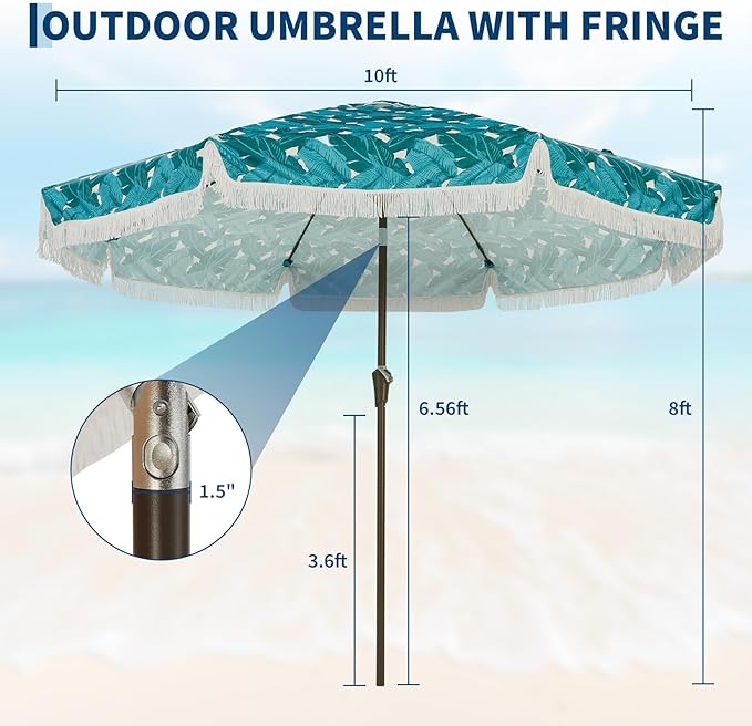 Garvee 10FT Fringe Patio Umbrella with Crank Handle, Push Button Tilt for Sun Shade, 8 Fiberglass Ribs, 1.5"D Premium Steel Pole, Outdoor Large Tassel Umbrella for Patio Beach Pool Backyard, 10' Leaf