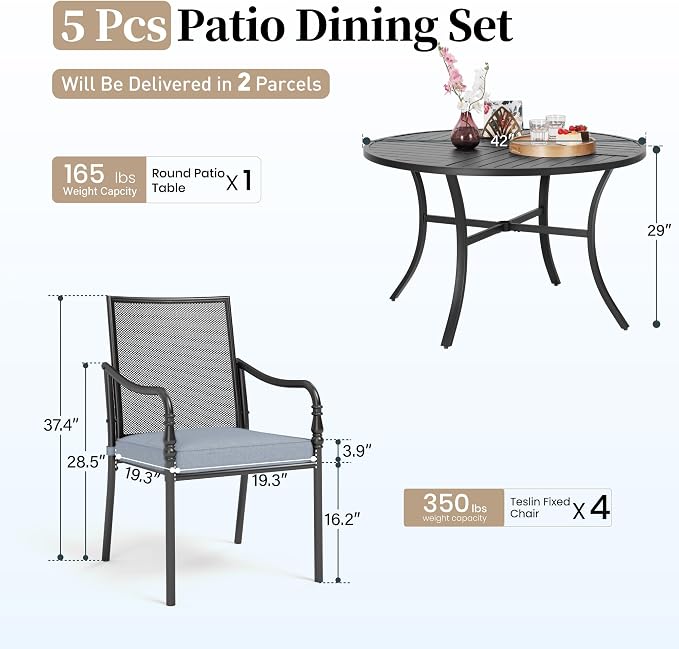 SUNSHINE VALLEY Patio Table and Chairs Set of 4, All-Weather Breathable Metal Mesh Patio Chair with Gourd-Shaped Armrests, 42x42 Round Table with Umbrella Hole, 5 Pcs Metal Frame Patio Dining Set