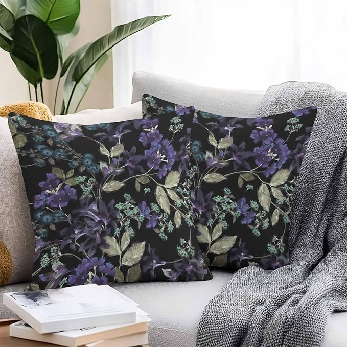 Purple Green Flower Leaf on Black Outdoor Pillow Covers 18x18in Pack of 2 Waterproof Pillowcase Retro Plant Oil Painting Decorative Throw Cushion Case for Patio Couch Sofa