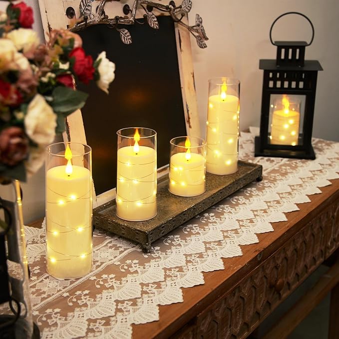 Homemory Pure White Flameless Candles with Embedded Star String Fairy Lights, Battery Operated Candle, LED Candles, Fake Candles with Remote Control and Timer, Set of 5(H4"5"6"8"8")