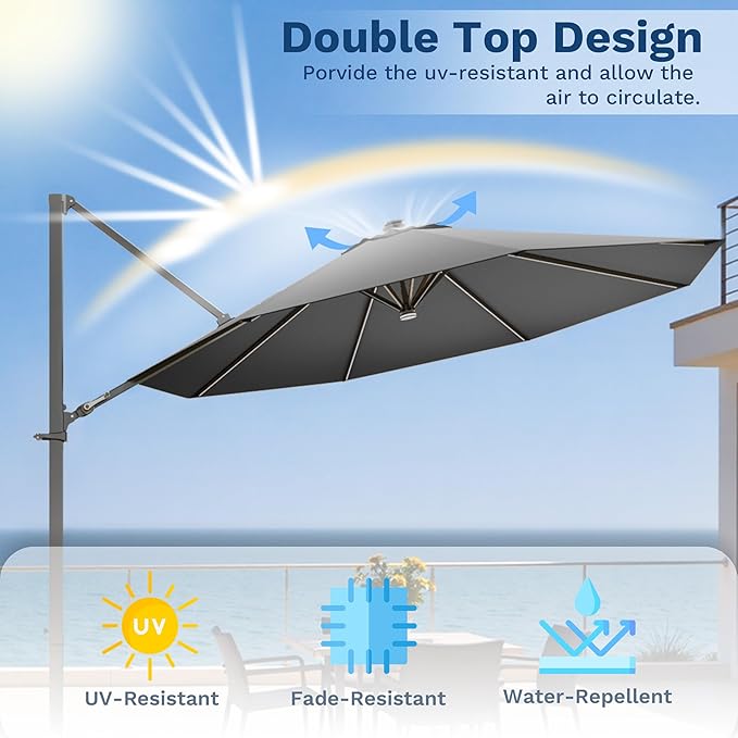 Devoko 10ft Solar LED Patio Umbrella, Round Cantilever Outdoor Umbrella with Solar Lights and 360-Degree Rotation, Large Hanging Offset Market Umbrella with Easy Tilt for Patio Deck Garden,Gray