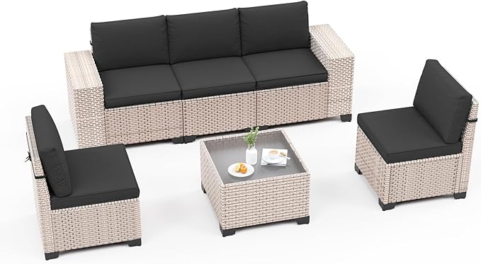 6-Piece Outdoor Patio Furniture Set, Modular Sectional Sofa Set with Glass Coffee Table and Cushions, Wicker Outdoor Couch Conversation Sets, Black