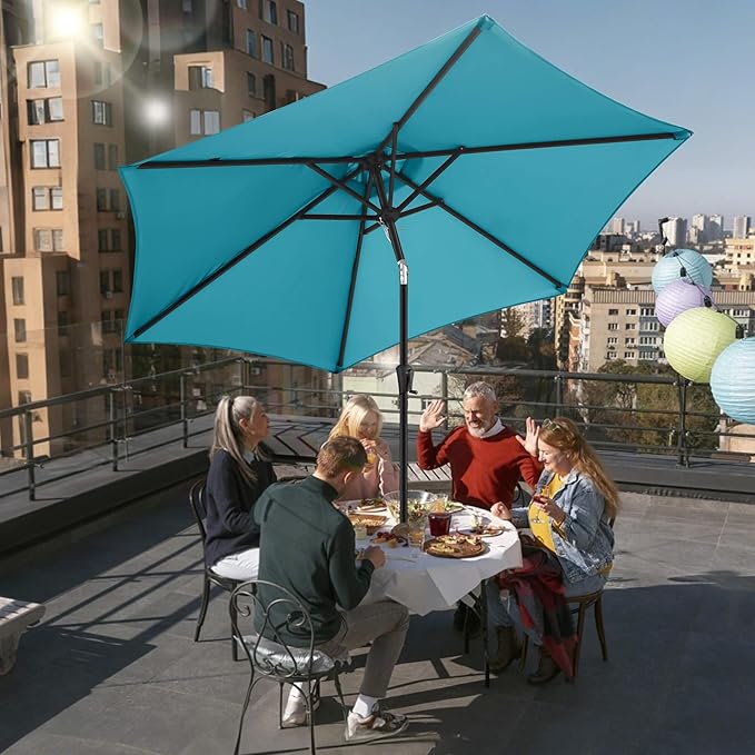 FLAME&SHADE 10ft Patio Umbrella - Outdoor Umbrella with 6 Sturdy Ribs, Push Button Tilt and Crank, UV Protection Table Market Umbrella for Pool, Porch, Garden, Deck, Backyard (Aqua Blue)