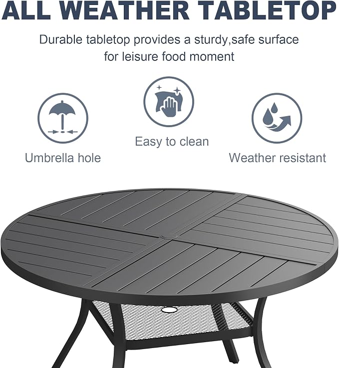 VICLLAX Patio 5 Pieces Outdoor Dining Set, 40.6" Round Metal Table with Umbrella Hole and Storage Shelf, 4 Swivel Textilene Chairs for Lawn, Garden, Porch, Black/Dark Grey