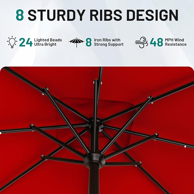 AreShark 8' X 10' Rectangular Patio Umbrella with Solar Lights, Lighted Solar Umbrella with Crank, Outdoor Table Umbrella for Garden, Deck, Backyard, Pool and Beach, Red
