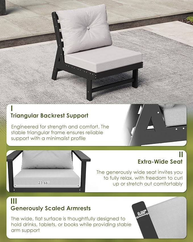 GREENVINES Outdoor-Couch | HDPE Plastic | Patio Sectional Conversation Sets | All Weather Couches | Armless Single Sofa | for Porch Deck Lawn | Black Frame Light Gray Cushion