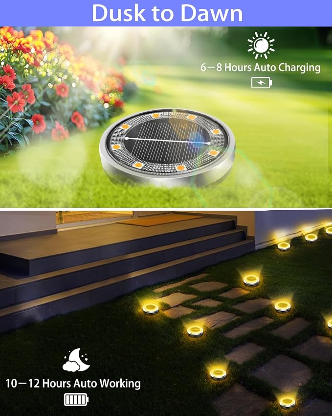 Solar Lights Outdoor Waterproof, 26 Pack 8 LED, Thickened Stainless Steel Ground Light, Solar Garden Lights Landscape Lighting for Patio Pathway Lawn Yard Deck Driveway Walkway, Warm White