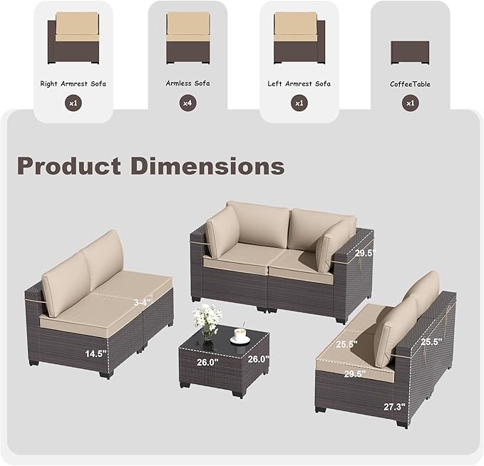Patio Furniture Set 7PCS Outdoor Furniture for Backyard Sectional Sofa Set, Rattan Wicker Patio Conversation Set with 4 Inch Thickened Cushions and Glass Coffee Table, Sand