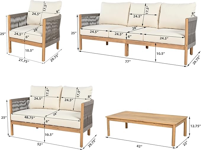 Christopher Knight Home Havets 5 Pieces Outdoor Acacia Furniture Set, Woven Rope Loveseat and Accent Club Chairs, 6" Thick Cushions Sofa and Coffee Table Set for Backyard Garden Balcony, Gray+Beige
