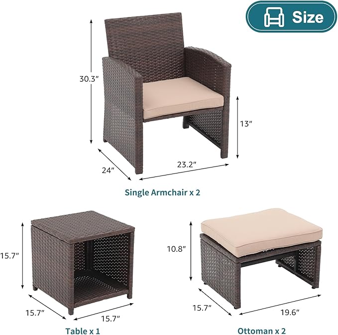 OC Orange-Casual 5 Pcs Patio Conversation Set Balcony Furniture Set with Cushions, Brown Wicker Chair with Ottoman, Storage Table for Backyard, Garden, Porch, Beige