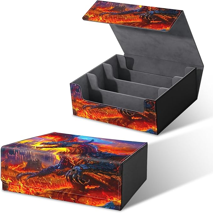 Card Deck Box for MTG, Cards Storage Box Fits 120+ Sleeved, Leather Big Size Strong Magnetic Closing Case for Board Games Magic TCG CCG Baseball Collection Women Man, Castle Flaming Dragon