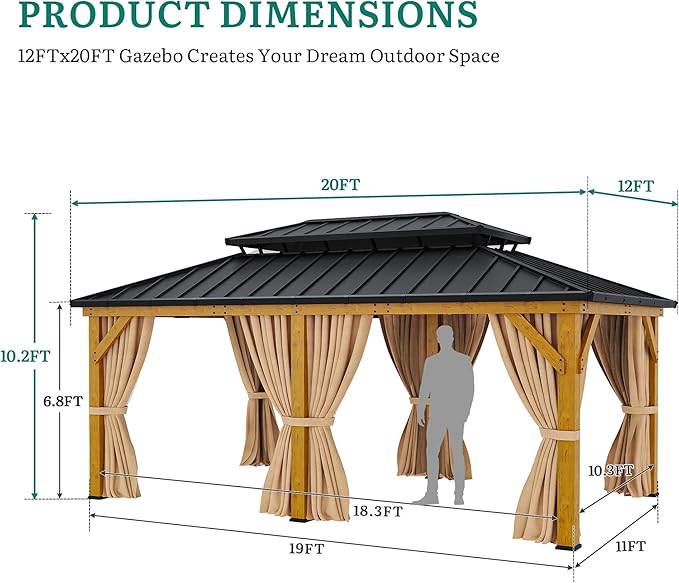 YITAHOME 12x20 Outdoor Wooden Gazebo Hardtop with Steel Roof, Heavy Duty Double Roof Galvanized Steel Gazebo with Nettings and Curtains, Permanent Wood Frame Aluminum Gazebo for Patio, Backyard, Deck