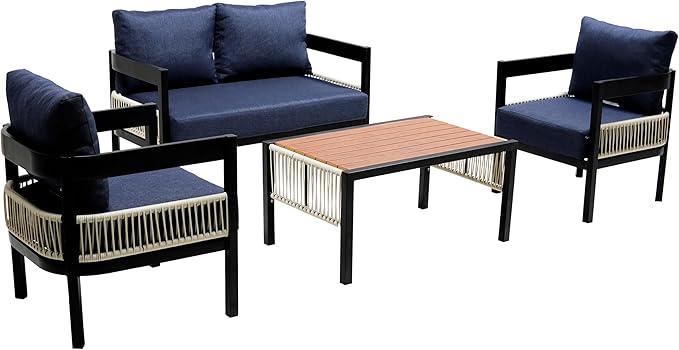 4-Pieces Outdoor Patio Sofa Set with Coffee Table, All-Weather Conversation Set with Thick Cushions and Pillows for Garden Backyard Balcony, Iron Frame&Wood Tabletop (Dark Blue-3.17)