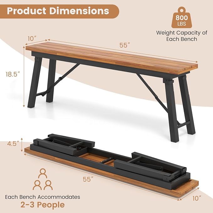 HAPPYGRILL Folding Picnic Table Bench Set, Acacia Wood Dining Table Bench w/Metal Frame, Portable Camping BBQ Table Bench, Rectangular Dining Table for Indoor Outdoor Activities Garden Yard Patio