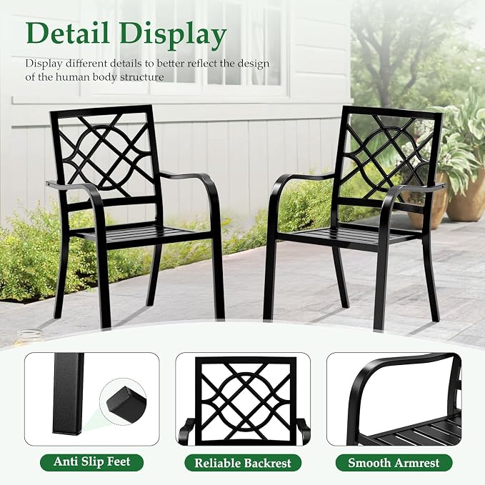 Oakcloud 2 Pieces Patio Wrought Iron Chairs, Metal Outdoor Dining Chair, Stackable Dining Chairs with Armrest for Garden Backyard, 300 LBs, Black