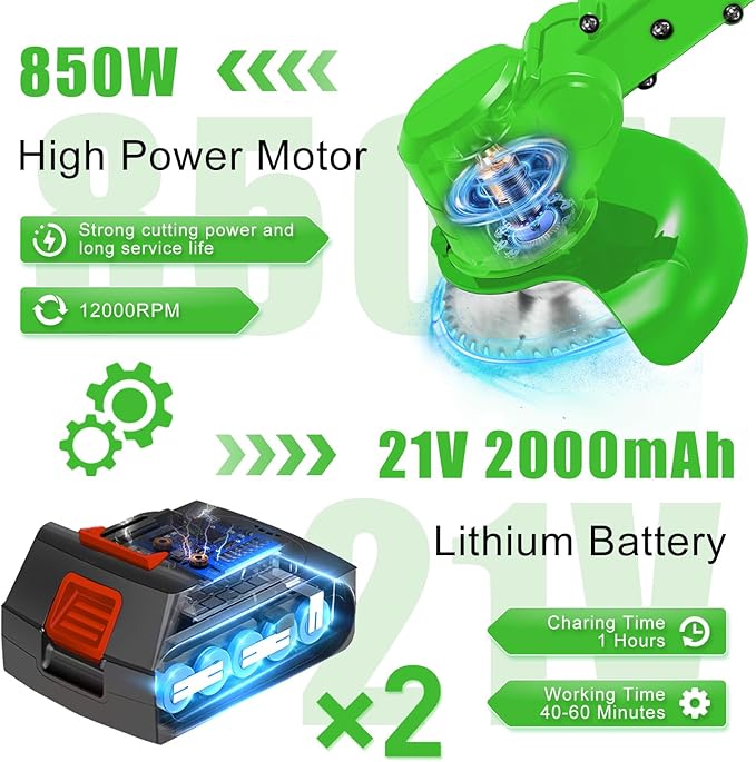 21V Electric Weed Wacker Cordless String Trimmer Battery Powered Grass Trimmer with 90° Adjustable Head 2 X 2.0Ah Battery and Charger Lightweight Brush Cutter Edger Lawn for Garden Yard,Green