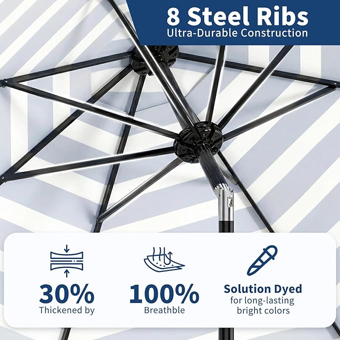 Garvee 10 ft Outdoor Patio Umbrella 8 Sturdy Ribs Outdoor Table Umbrella with Crank Lift & Push Button Tilt UV Protection Waterproof Market Umbrellas for Pool, Deck, Yard, Garden, Blue Stripes