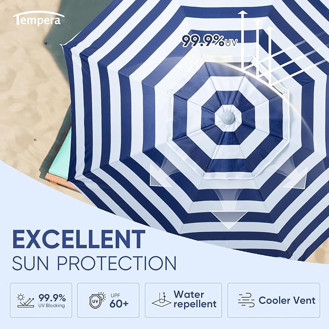 Tempera Heavy Duty High Wind Beach Umbrella with Sand Anchor & Carry Bag | Patio Outdoor Umbrella with Aluminum Frame and Push Button Tilt, Ideal for Travel Garden Lawn, UPF 60+