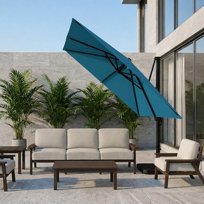 10'×10' Patio Umbrella, Aluminum Cantilever Umbrella with 360°Rotation, Offset Patio Umbrella with Easy Tilt Fade Resistance for Pool Deck Garden Backyard, Lagoon (Base not Included)