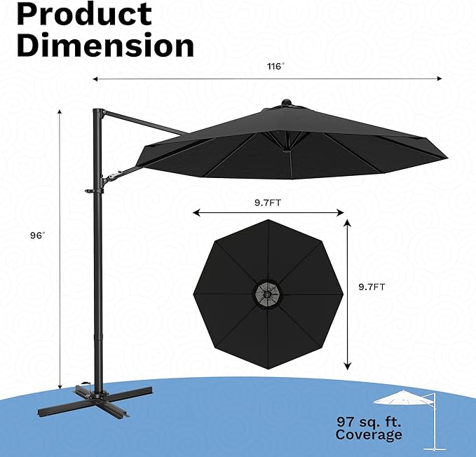 Devoko 10ft Cantilever Patio Umbrella, Round Large Outdoor Umbrella with 360-Degree Rotation, Hanging Offset Market Sun Umbrella, Easy Tilt and Heavy-Duty Frame, for Patio Backyard Garden, Black