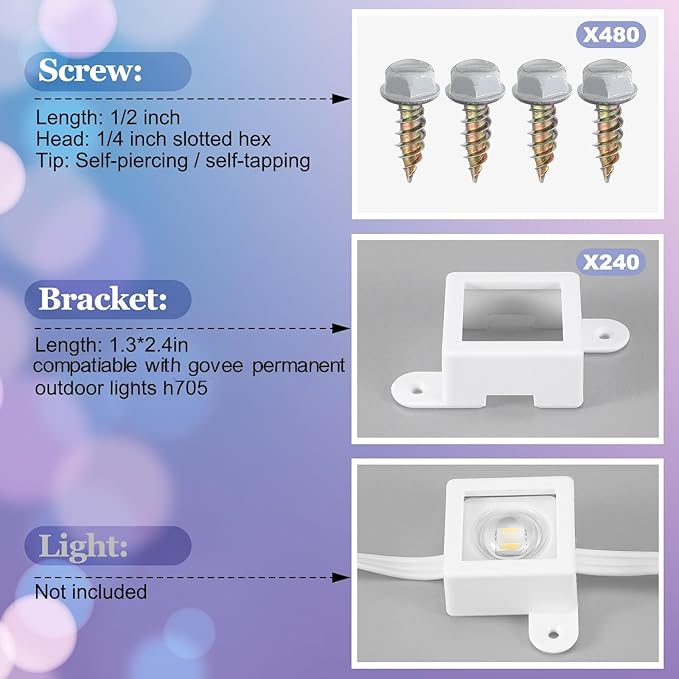 Beeveer 240 Light Clips for Govee H705 H805 with 490 Screws Mounting Clips Compatible with Govee Permanent Outdoor Lights Extension(White)