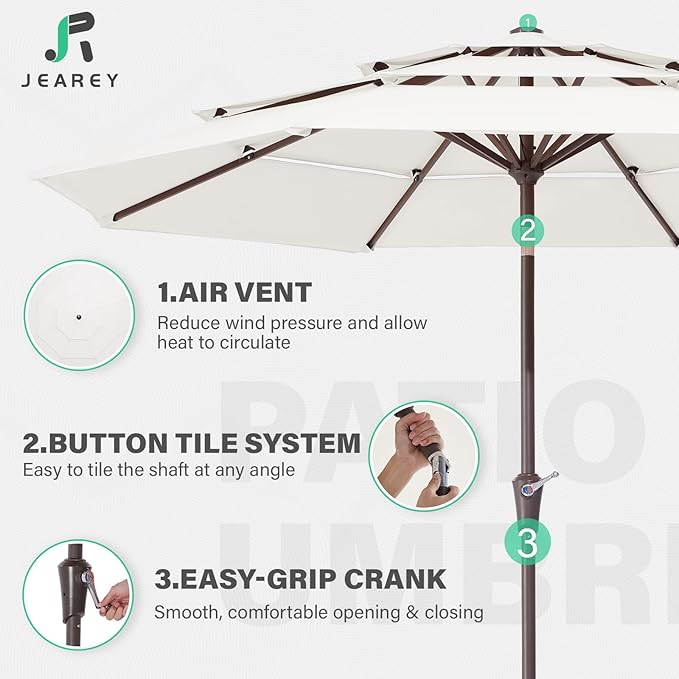 JEAREY 9FT 3 Tier Patio Umbrella Outdoor Market Umbrella Table Umbrellas with 8 Ribs 1.5 Pole Push Button Tilt and Crank UV Protection for Garden,Off-white