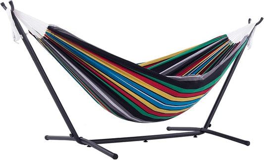 Vivere Double Cotton Hammock with Space Saving Steel Stand, Upgraded Polyester End Strings 450 lb Capacity - Premium Carry Bag Included - USA Grown Cotton (Rio Night)