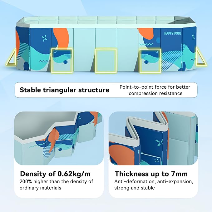 Foldable Swimming Pool, Rectangular Above Ground Swimming Pool for Outdoor Family Square Pool with Drain Plug and Drain Hole, Easy to Assemble Pool for Kids, Pets and Dogs(116" L x 65" W)