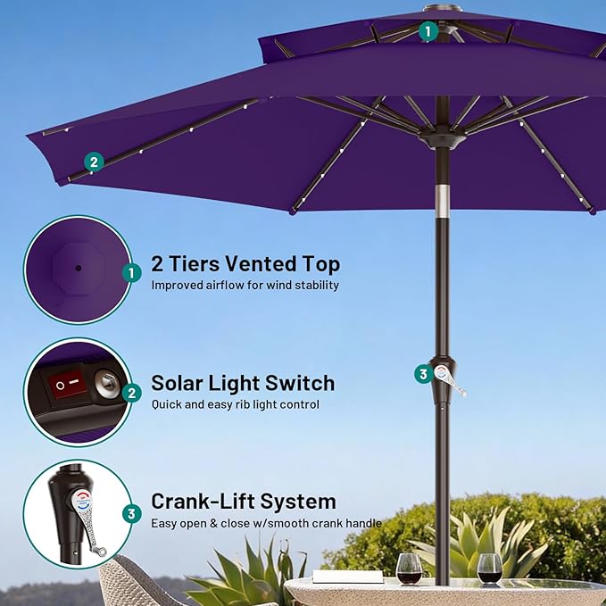 AreShark 9ft 2 Tiers Patio Umbrella with Solar Lights, Outdoor Umbrella w/ 32 LED Lights&8 Sturdy Ribs, Table Umbrella for Deck, Backyard, Pool(Dark Purple)