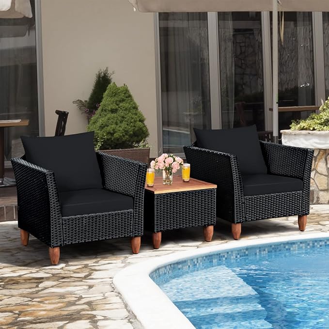 COSTWAY 3 Pieces Patio Rattan Furniture Set, Outdoor Wicker Conversation Chairs Set with Acacia Wood Coffee Table & Washable Cushion, Porch Furniture Bistro Set for Balcony, Garden, Backyard, Black
