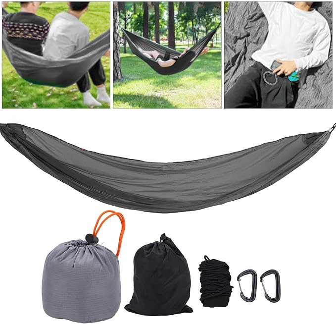 Portable Parachute Camping Hammock, Lightweight Outdoor Hammock with Aluminum Snap Hooks and Storage Bag for Hiking, Travel, and Picnics, 200kg Load Capacity (Grey)