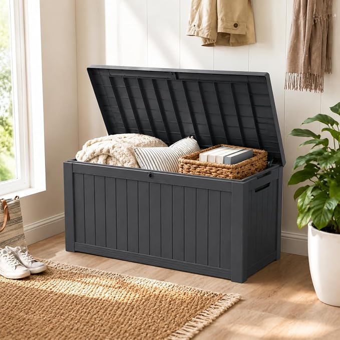 Outdoor Deck Patio Storage Box - 140 Gallon Large Outdoor Deck Box, Plastic Storage Bin with Lid, Outside Toy Box & Pool Storage Container for Cushions, Garden Tools, Towel, Black