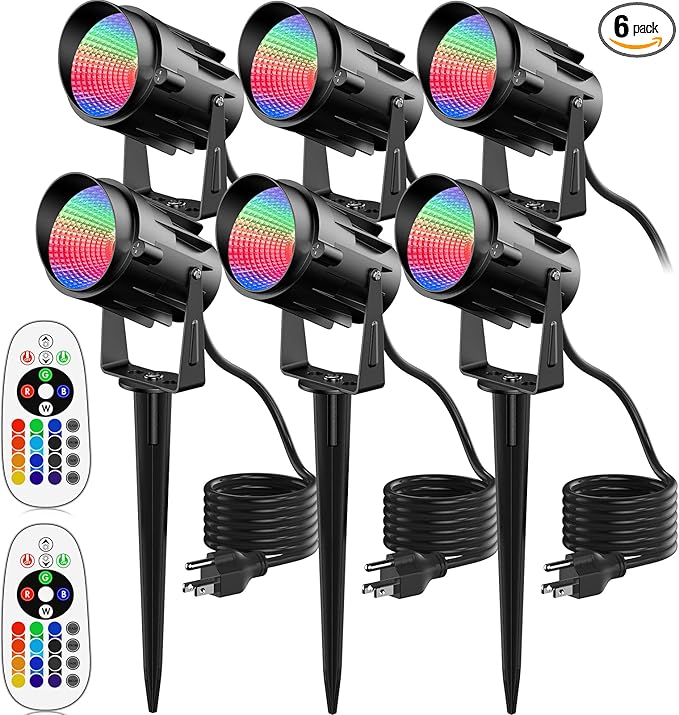 Christmas Halloween Spotlights Outdoor RGB Spotlight 12W Color Changing Landscape Lighting with Remote Control for Tree Garden Pathway 120V Waterproof Landscape Spotlights Lamp for Party Decor(6 pack)