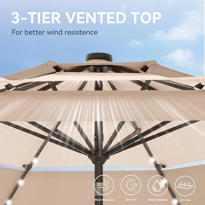 GREEN PARTY 10ft Patio Umbrella with Solar Lights, Auto-Tilt Lighted Market Table Umbrellas with Crank, 8 Sturdy Ribs & 1.5" Pole outdoor umbrellas for Patio Garden Deck Backyard Pool, Beige & Tan