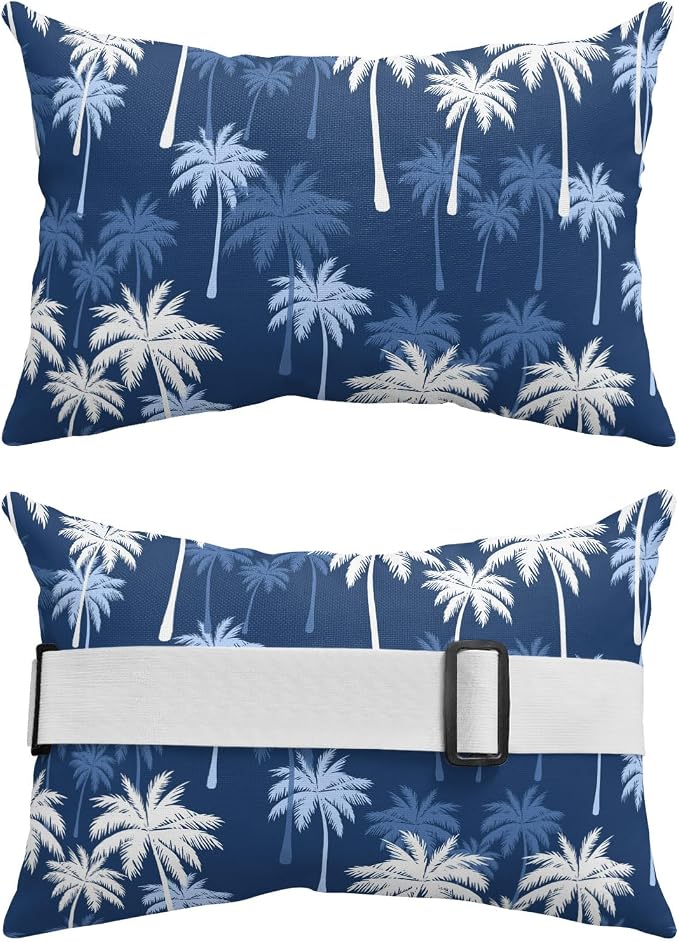 Tropical Palm Tree Outdoor Pillows for Chaise Lounge Chair Waterproof Lumbar Pillows with Insert&Adjustable Elastic Strap Beach Headrest Pillow Navy Blue White Plants Coastal Leaf Pool Pillow 12"x20"