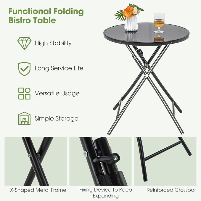Giantex 23 Inch Round Bistro Table, Patio Folding Cocktail Table with Tempered Glass Tabletop, Heavy-Duty Metal Frame, Outdoor Portable Bistro Table for Deck, Backyard, Poolside