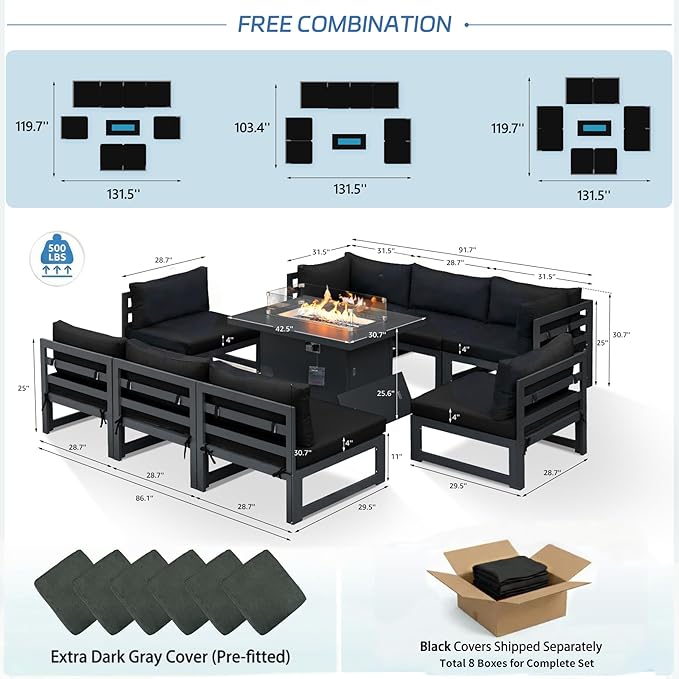 NICESOUL 9 Pcs Large Modern Aluminum Outdoor Patio Furniture Set with Fire Pit Table Propane/Gas, 29" Wide Deep Seat, Fade Resistant Sectional Sofa, 500 lbs Sturdy Conversation Set for Backyard, Black