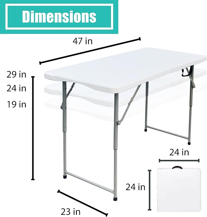 Folding Table 4/6/8 Foot, Foldable Table Adjustable Height Card Table, Indoor Outdoor Small Desk, Portable Plastic Picnic Party Dining Camping Bar Low Tables, Fold in Half Heavy Duty, White