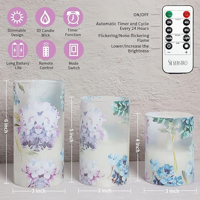 Silverstro Hydrangea Flameless Candles with Remote Blinks Glass Real Wax LED Candles - Home Party Wedding Romantic Love Theme Summer Holiday Decor - Set of 3