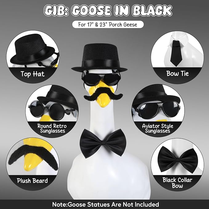 Porch Goose Statue 7pc Accessory Combination Set, Gentleman Goose Accessories Kit with Top Hat Bow Tie Sunglasses Strap for 23 Inch Goose, Black Formal Style Yard Decor (Black Formal 7PC)