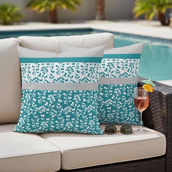 Teal Floral Outdoor Pillow Covers 24x24 Inch Throw Pillow Covers Set of 2 Waterproof Decorative Pillow Cases Botanical Blossom Motif Boho Grey Stripes Cushion Covers for Patio Furniture Garden Couch