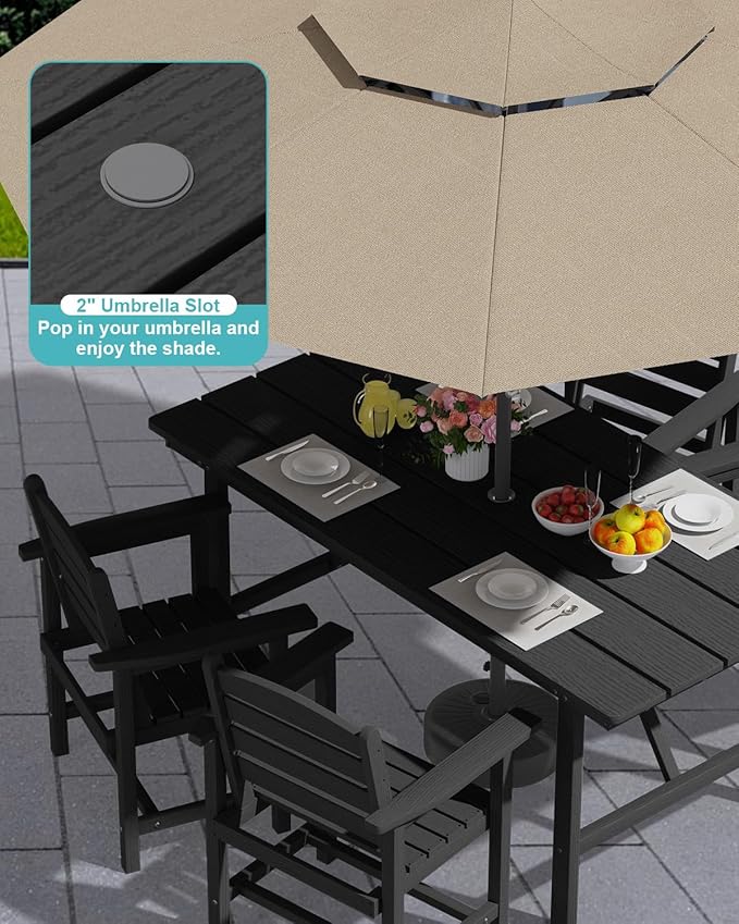PLUUV 66" Outdoor Dining Table, All-Weather HDPE Rectangular Patio Table with 2” Umbrella Hole, Weatherproof, Black
